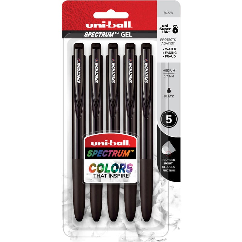 uni-ball Spectrum Retractable Gel Pens, Medium Point, 0.7 mm, Black Barrel, Black Ink, Pack Of 5 pens (Min Order Qty 8) MPN:70278