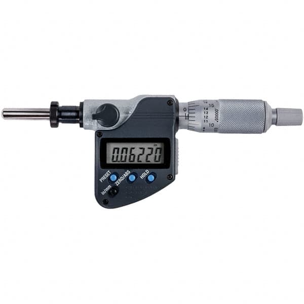 Electronic Micrometer Heads, Accuracy: 0.0001 in , Thimble Diameter (mm): 18.00 , Spindle Shape: Spherical , Clamp Nut Supplied: Yes , Batteries Included: Yes  MPN:350-354-30