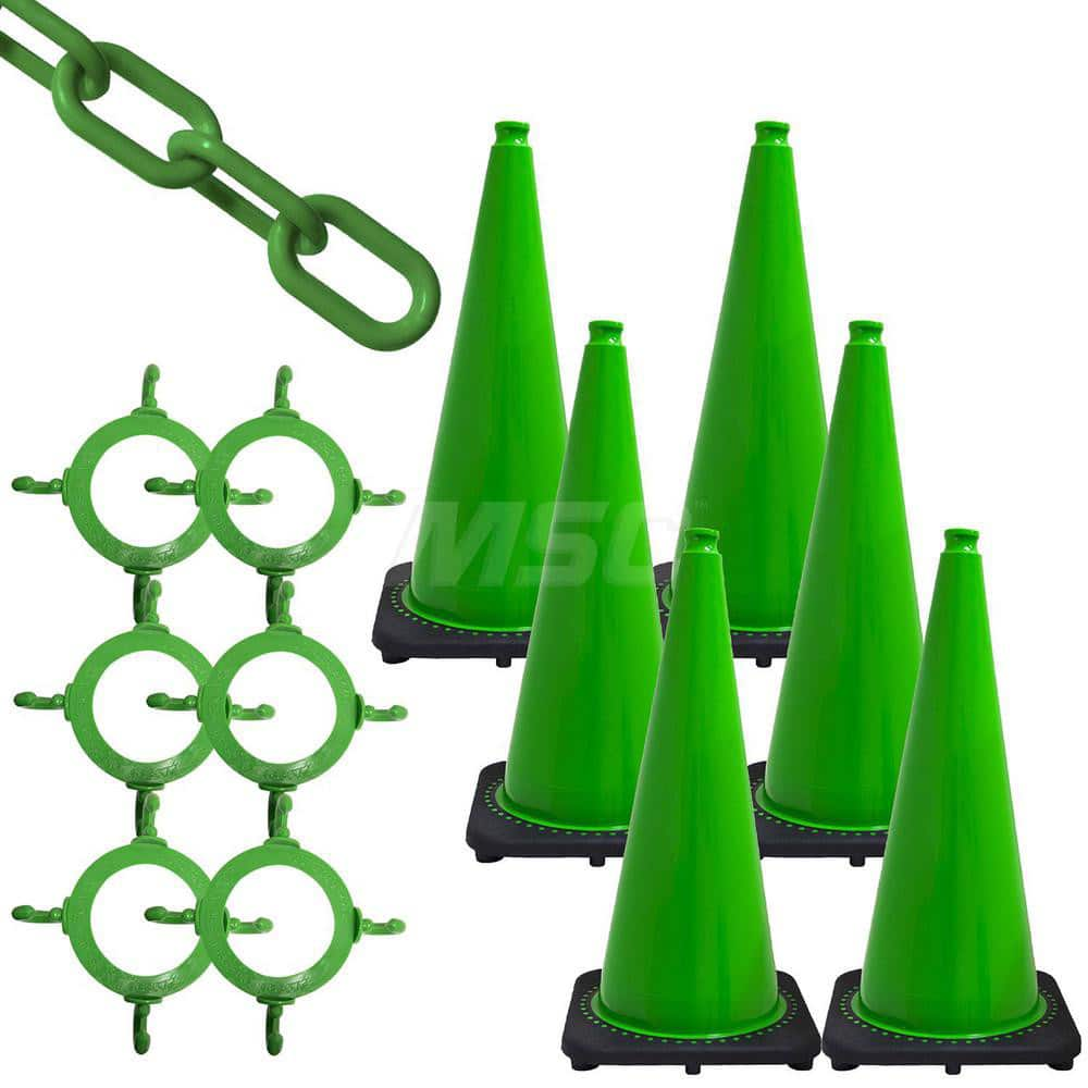 Traffic Cone & Chain Kit: Plastic, Safety Green, 50' Long, 2