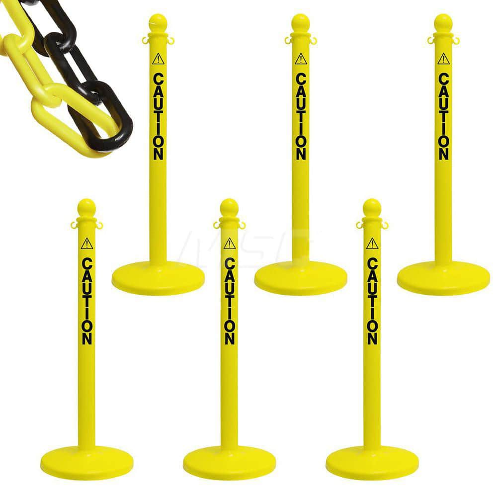 Stanchion with Caution Label & Chain Kit: Plastic, Yellow, 50' Long, 2