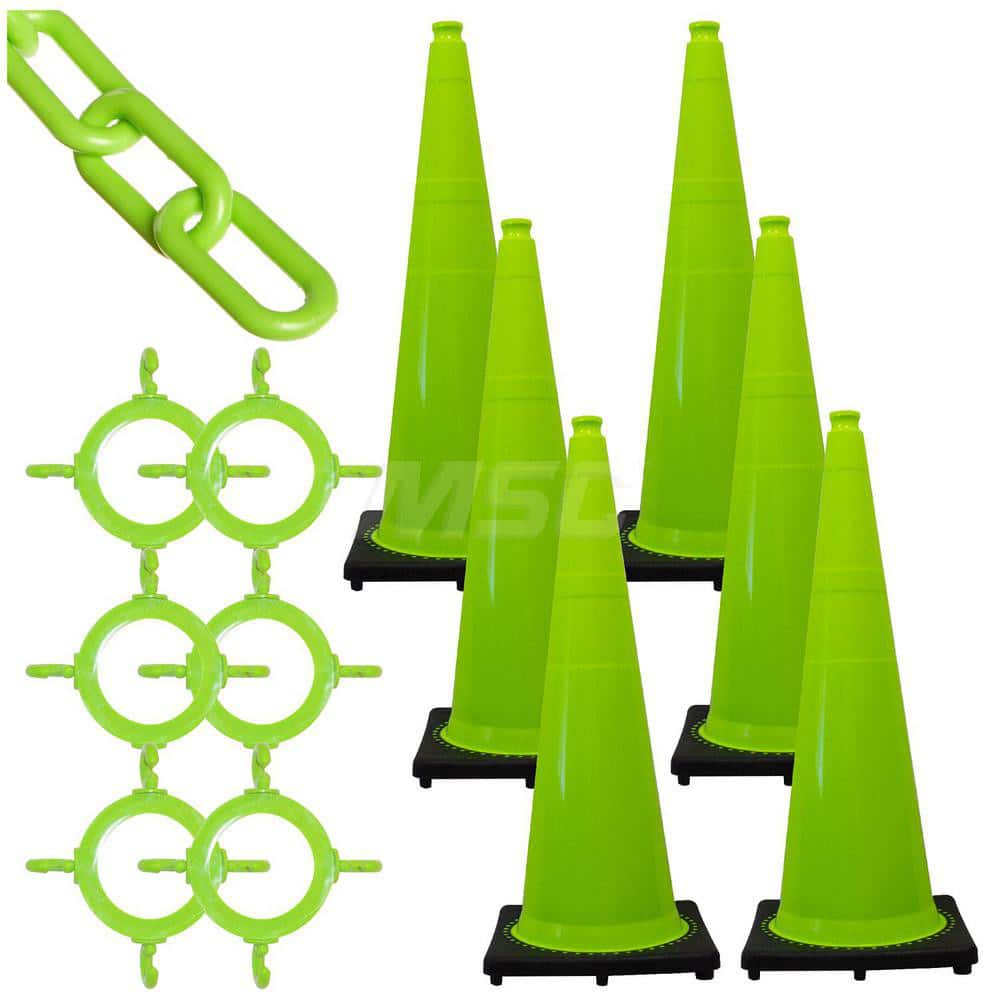 Traffic Cone & Chain Kit: Plastic, Safety Green, 50' Long, 2