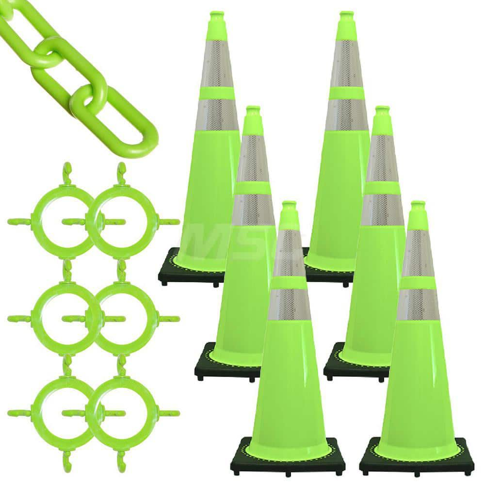 Traffic Cone with Reflective Collar & Chain Kit: Plastic, Safety Green, 50' Long, 2