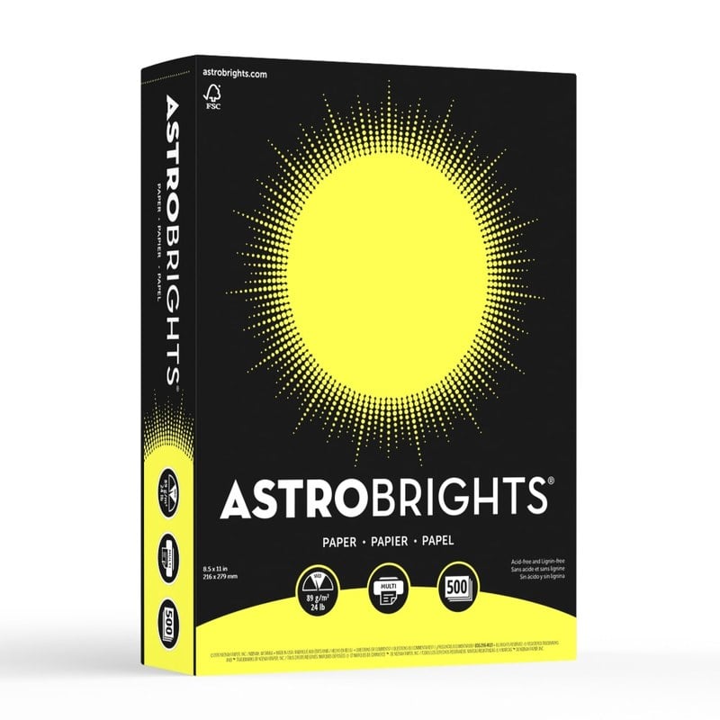 Astrobrights Color Multi-Use Printer & Copy Paper, 1 Ream, Lift-Off Lemon, Letter (8.5in x 11in), 500 Sheets Per Ream, 24 Lb, 94 Brightness (Min Order Qty 5) MPN:21018