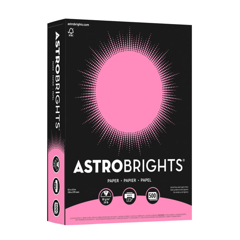 Astrobrights Color Multi-Use Printer & Copy Paper, 1 Ream, Pulsar Pink, Letter (8.5in x 11in), 500 Sheets Per Ream, 24 Lb, 94 Brightness (Min Order Qty 5) MPN:21038