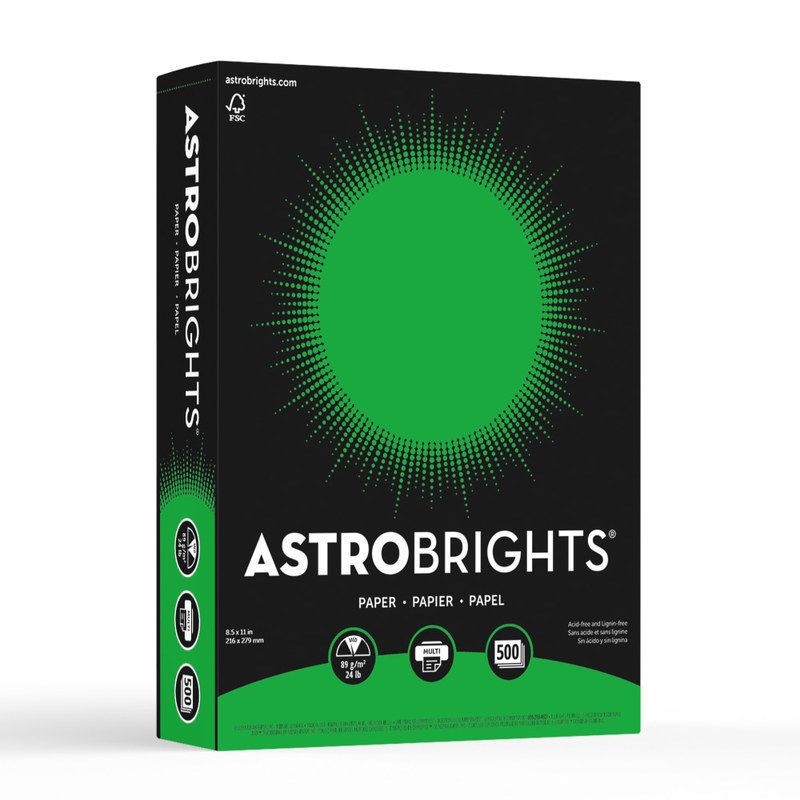 Astrobrights Color Multi-Use Printer & Copy Paper, 1 Ream, Gamma Green, Letter (8.5in x 11in), 500 Sheets Per Ream, 24 Lb, 94 Brightness (Min Order Qty 5) MPN:21548