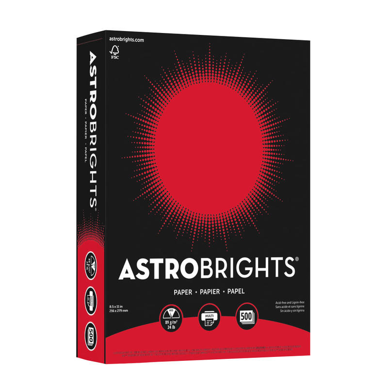 Astrobrights Color Multi-Use Printer & Copy Paper, 1 Ream, Re-Entry Red, Letter (8.5in x 11in), 500 Sheets Per Ream, 24 Lb, 94 Brightness (Min Order Qty 5) MPN:21558