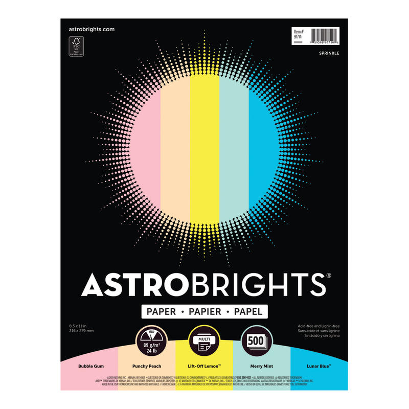 Astrobrights Color Multi-Use Printer & Copy Paper, 1 Ream, Assorted Colors, Letter (8.5in x 11in), 500 Sheets Per Ream, 24 Lb, 94 Brightness (Min Order Qty 4) MPN:91714