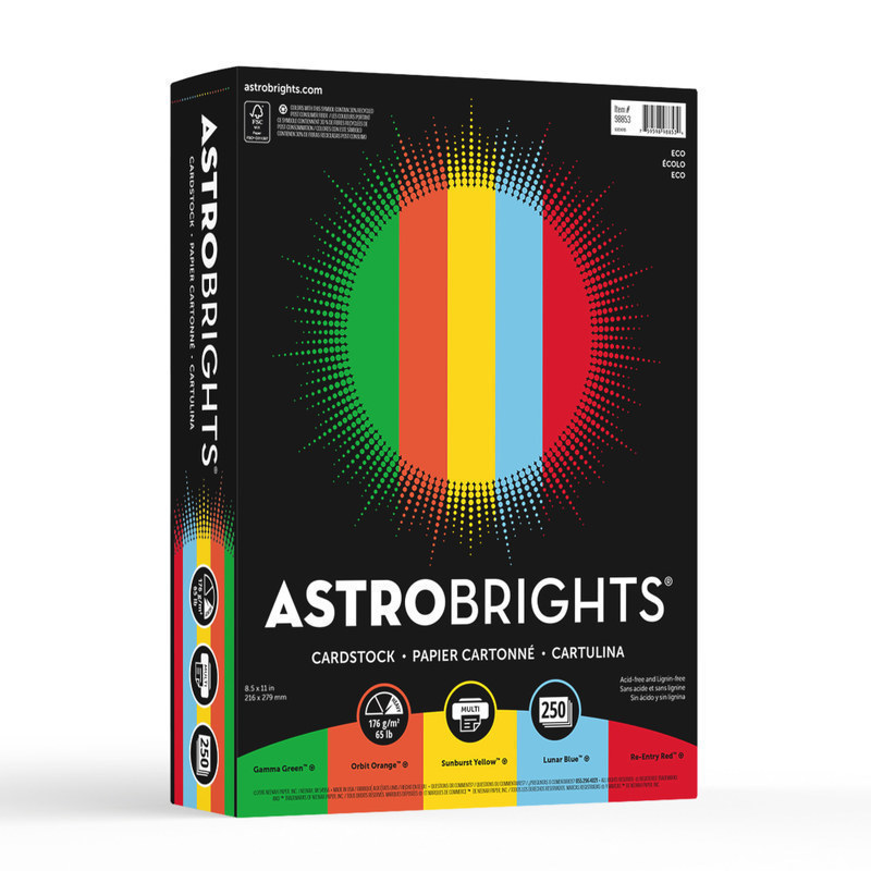 Astrobrights Color Card Stock, Assorted Colors, Letter (8.5in x 11in), 65 Lb, 30% Recycled, FSC Certified, Pack Of 250 (Min Order Qty 4) MPN:98853