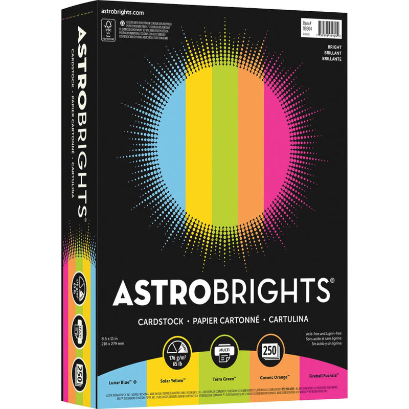 Astrobrights Color Card Stock - 5 Assorted Colours - 8 1/2in x 11in - 250 / Pack - High-impact, Durable, Printable, Acid-free, Lignin-free - Lunar Blue, Solar Yellow, Terra Green, Cosmic Orange, Fireball Fuchsia (Min Order Qty 3) MPN:99904