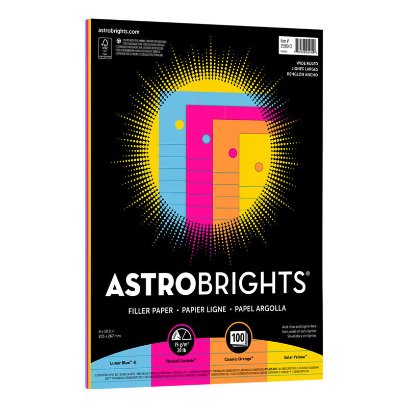 Astrobrights Filler Paper, 8in x 10 1/2in, Wide Ruled, 20 Lb, FSC Certified, Assorted Colors, Pack Of 100 Sheets (Min Order Qty 17) MPN:25910