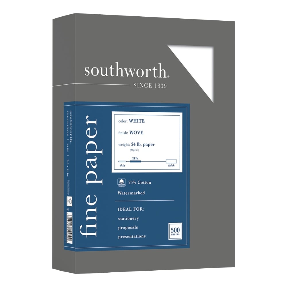 Southworth 25% Cotton Business Paper, 8 1/2in x 11in, 24 Lb, White, Box Of 500 (Min Order Qty 3) MPN:404C