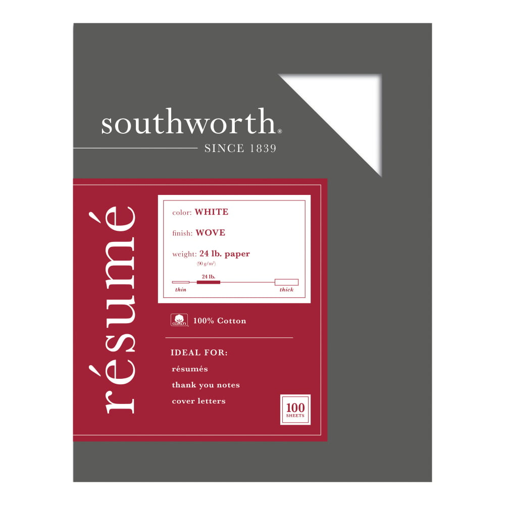 Southworth 100% Cotton Resume Paper, 8 1/2in x 11in, 24 Lb, 100% Recycled, White, Pack Of 100 (Min Order Qty 7) MPN:R14CF