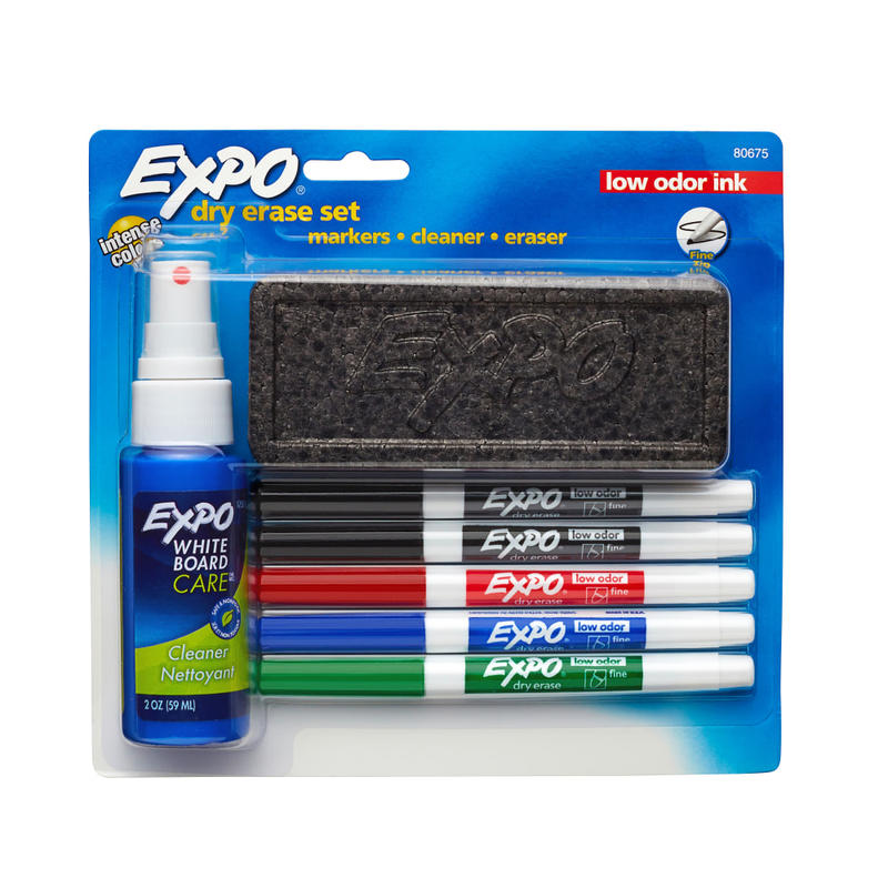 EXPO2 Low-Odor Dry-Erase Starter Kit, Fine-Point, 5 Markers, Black (2), Red, Blue, Green (Min Order Qty 8) MPN:80675