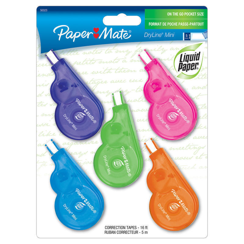 Paper Mate Liquid Paper DryLine Mini Fashion Correction Tape, 1 Line x 196in, Assorted Fashion Colors, Pack Of 5 (Min Order Qty 7) MPN:5032315