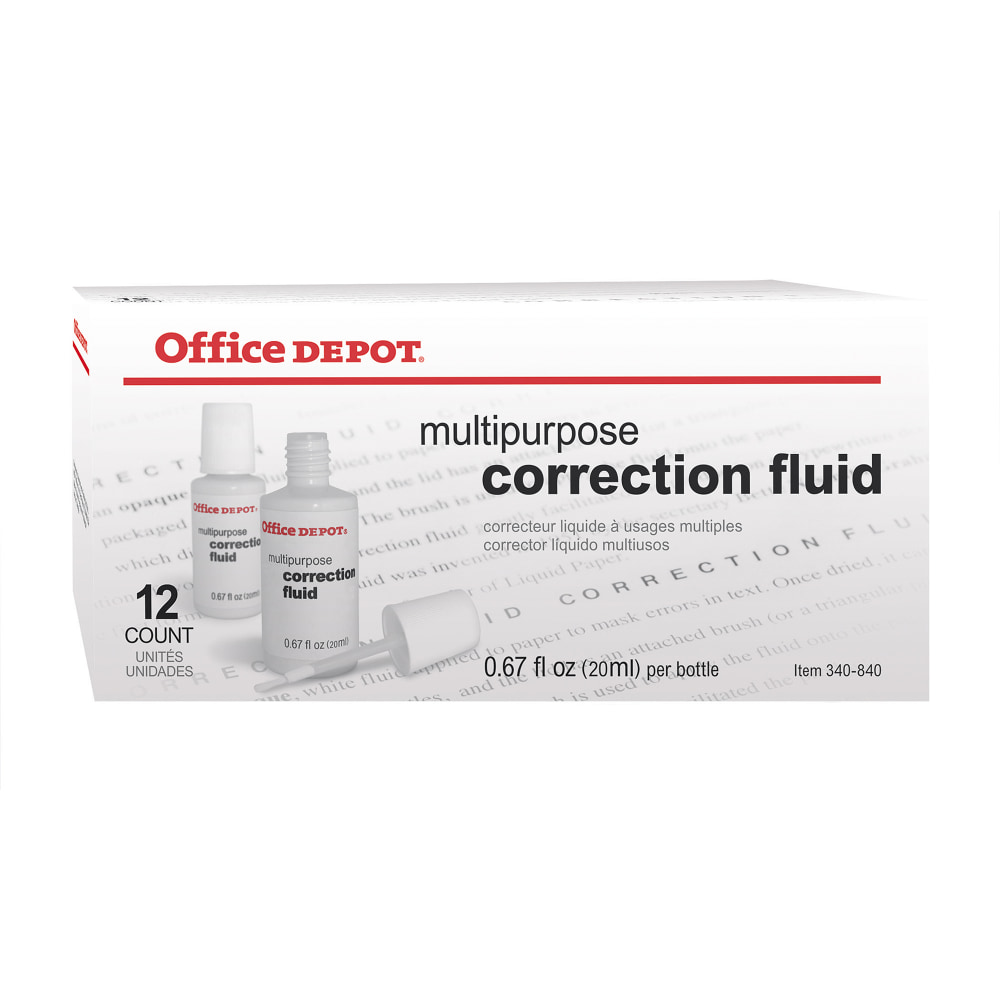 Office Depot Brand Correction Fluid, Multipurpose, 20 mL, White, Pack Of 12 (Min Order Qty 10) MPN:87268