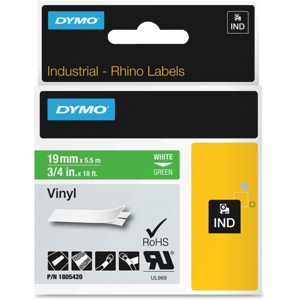 DYMO Colored 3/4in Vinyl Label Tape, DYM1805420, Permanent Adhesive, 3/4inW x 18 ft Length, Vinyl, Thermal Transfer, White/Green (Min Order Qty 3) MPN:1805420