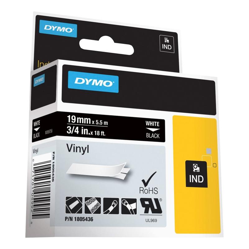 DYMO Vinyl Label Tape, DYM1805436, Permanent Adhesive, 3/4inW x 18L, Thermal Transfer, Black/White (Min Order Qty 2) MPN:1805436