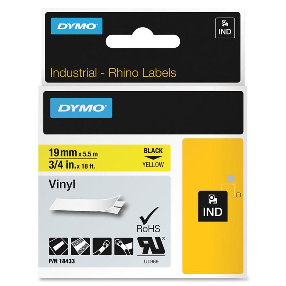 DYMO Colored Industrial Rhino Vinyl Labels, 3/4inW x 18 3/64L , Rectangle, Black on Yellow (Min Order Qty 2) MPN:18433