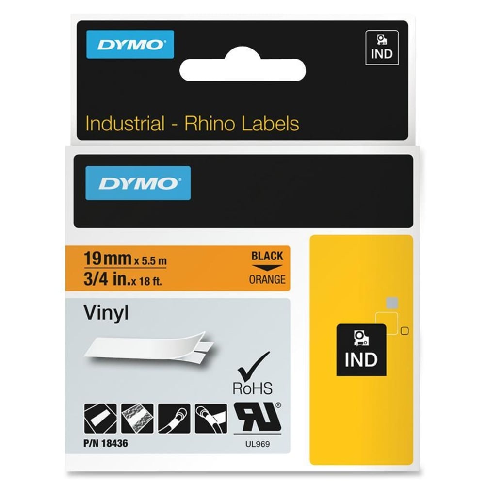 DYMO Colored Industrial Rhino Vinyl Labels, 3/4inW x 18L, Black on Orange (Min Order Qty 3) MPN:18436