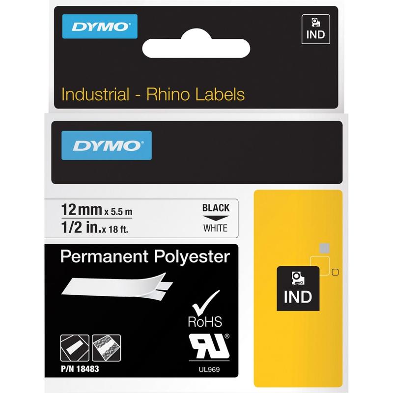 DYMO Rhino 18483 Polyester Industrial Black-On-White Label Tape, 0.5in x 18ft (Min Order Qty 3) MPN:18483