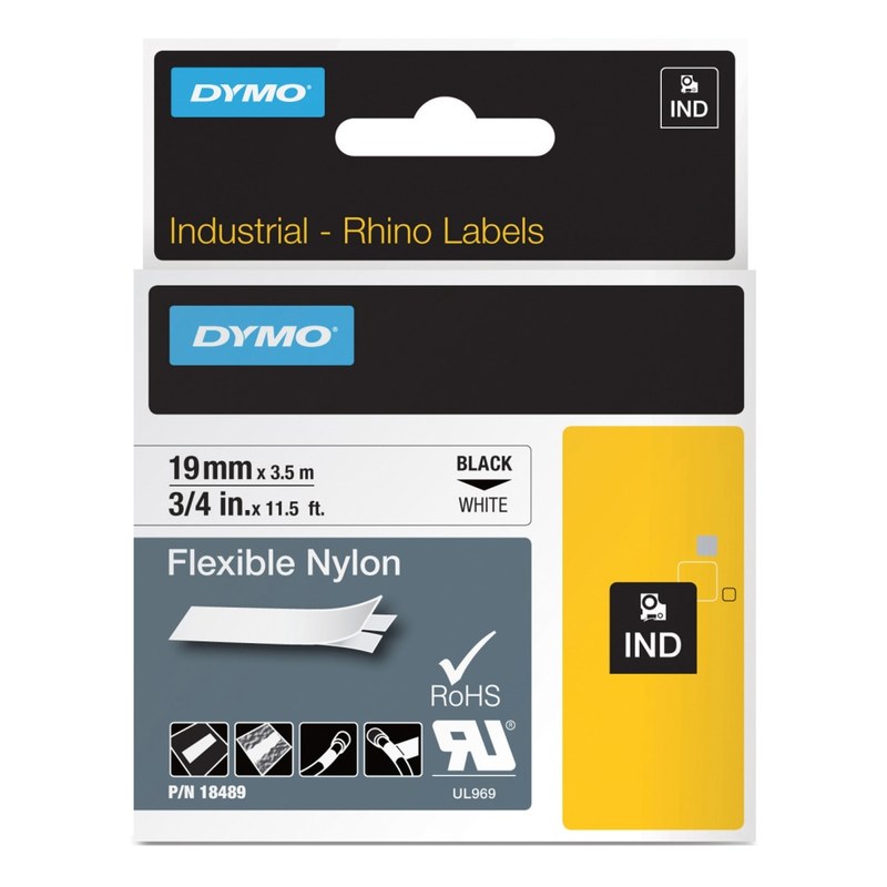 DYMO Rhino 18489 Black-On-White Tape, 0.75in x 11.5ft (Min Order Qty 3) MPN:18489