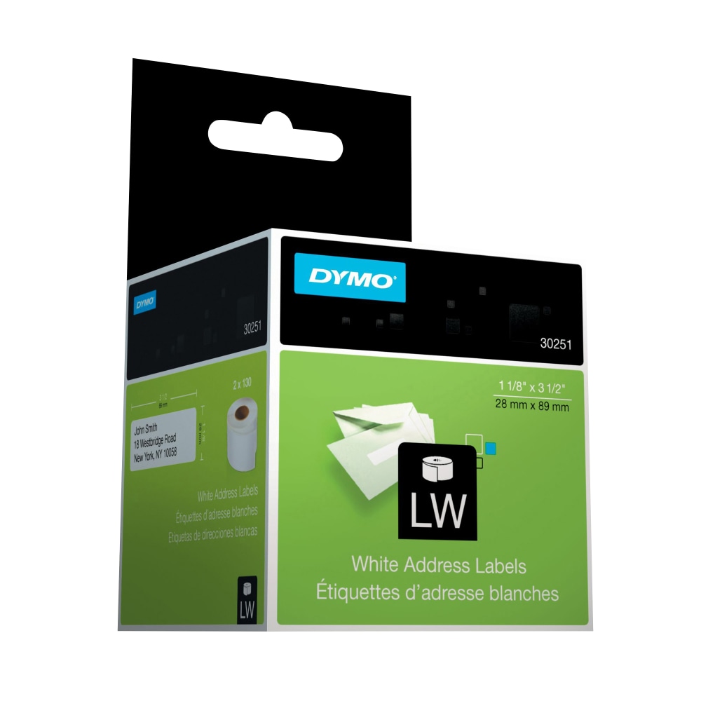 DYMO 30251 LabelWriter Address Labels, 30251, 1 1/8in x 3 1/2in, White, 130 Labels Per Roll, Pack Of 2 Rolls (Min Order Qty 6) MPN:30251