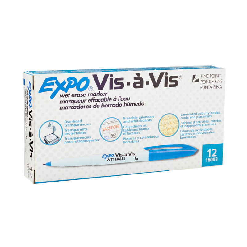 EXPO Vis-A-Vis Wet-Erase Fine-Tip Markers, Blue, Box Of 12 (Min Order Qty 5) MPN:16003