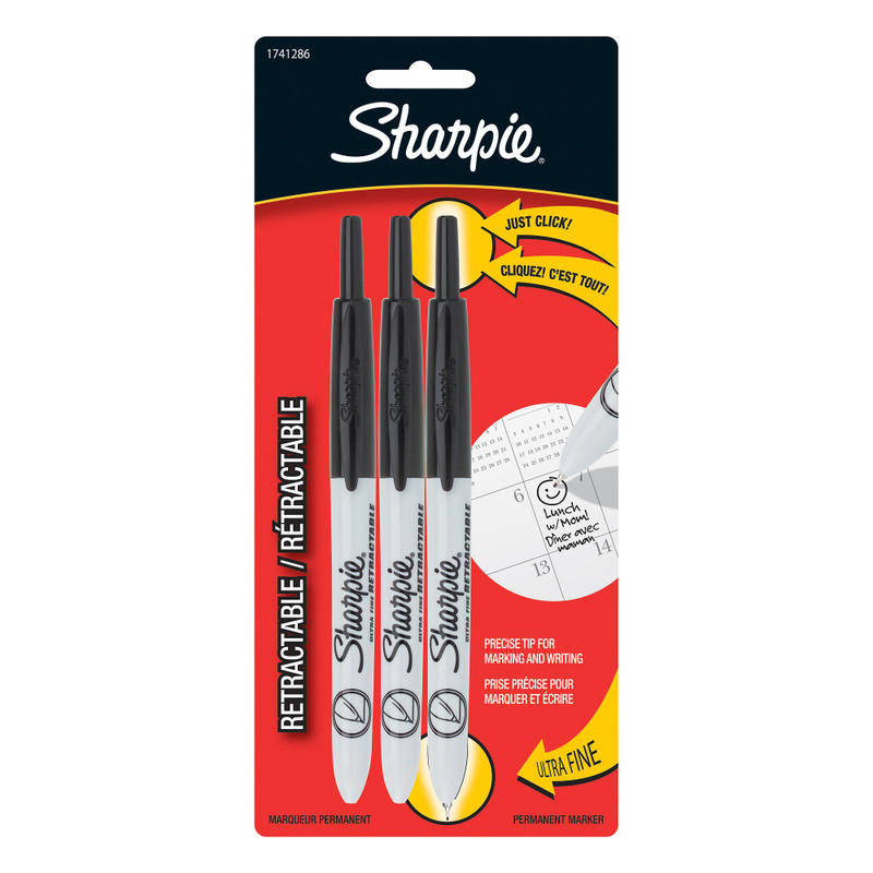 Sharpie Retractable Permanent Markers, Ultra-Fine Point, Black, Pack Of 3 Markers (Min Order Qty 11) MPN:1735793