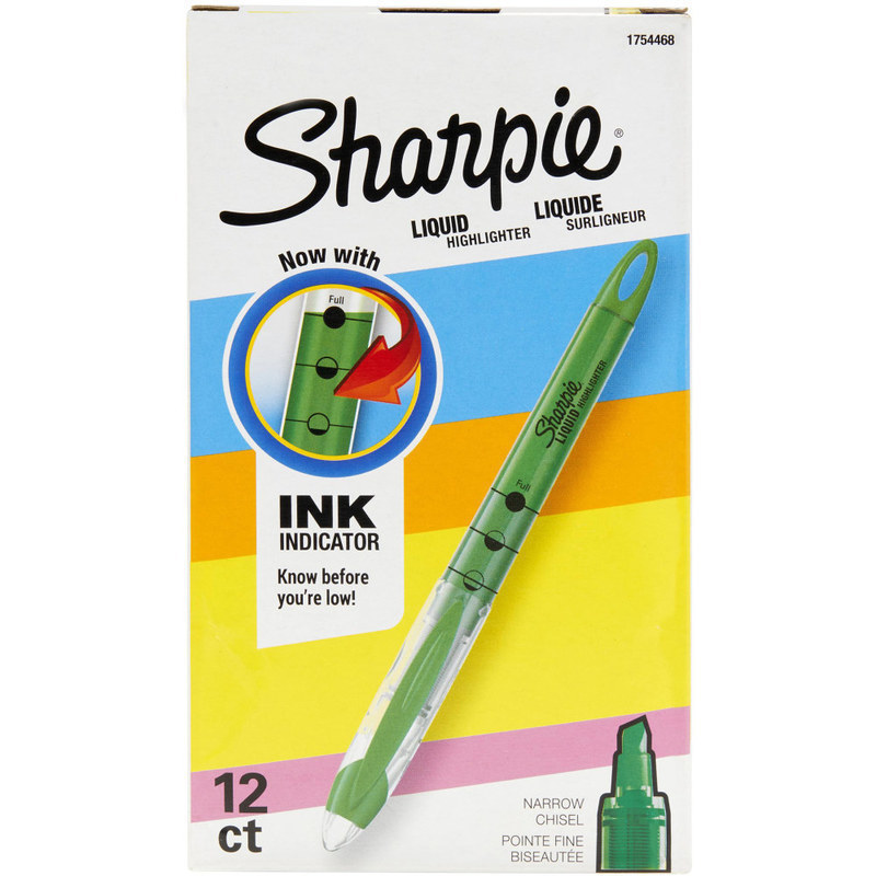 Sharpie Liquid Highlighters, Chisel Tip, Fluorescent Green, Box of 12 (Min Order Qty 4) MPN:1754468