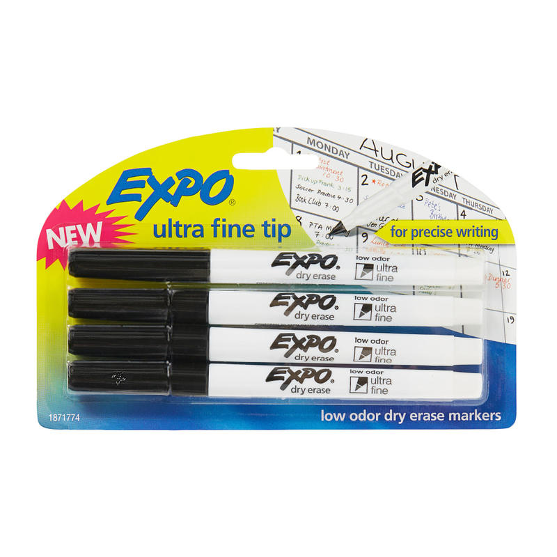 EXPO Low-Odor Dry-Erase Markers, Ultra-Fine Point, Black, Pack Of 4 (Min Order Qty 15) MPN:1871774