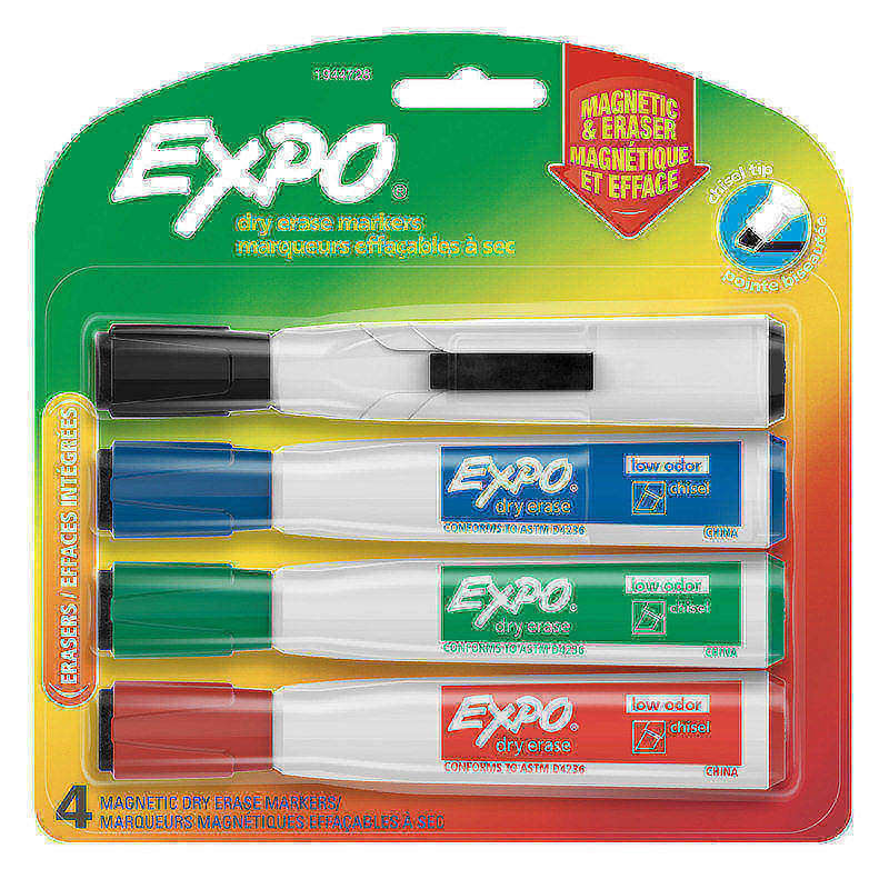 EXPO Magnetic Dry Erase Markers With Eraser, Chisel Tip, Assorted Ink Colors, Pack Of 4 (Min Order Qty 11) MPN:1944728