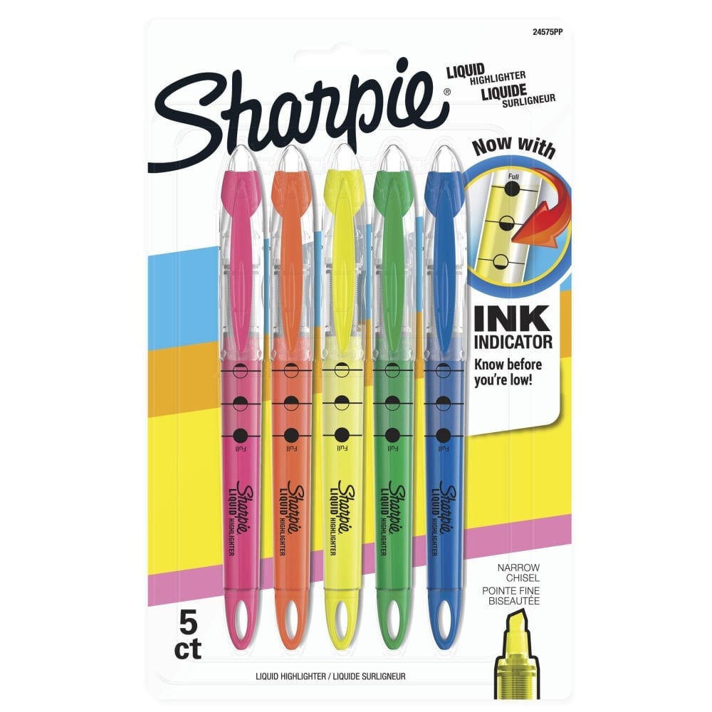 Sharpie Liquid Highlighter, Chisel Tip Highlighters, Assorted Colors, 5 Count (Min Order Qty 10) MPN:24575