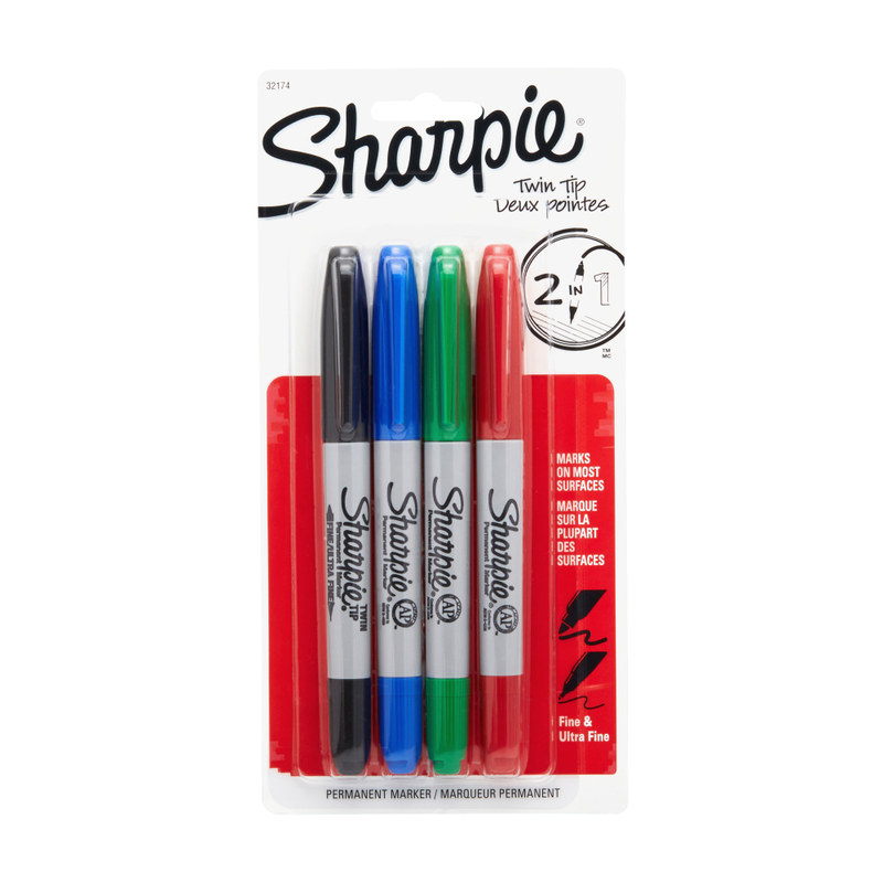 Sharpie Twin-Tip Permanent Markers, Assorted Basic Colors, Pack Of 4 (Min Order Qty 9) MPN:32174