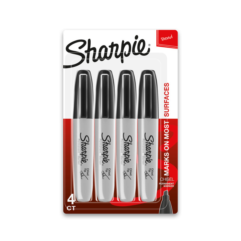 Sharpie Permanent Markers, Chisel Tip, Black Ink, Pack Of 4 Markers (Min Order Qty 15) MPN:38264