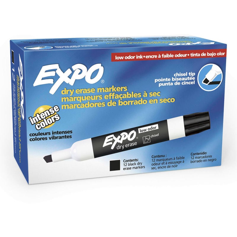 EXPO Low-Odor Dry-Erase Markers, Chisel Tip, Black, Pack Of 12 (Min Order Qty 4) MPN:80001