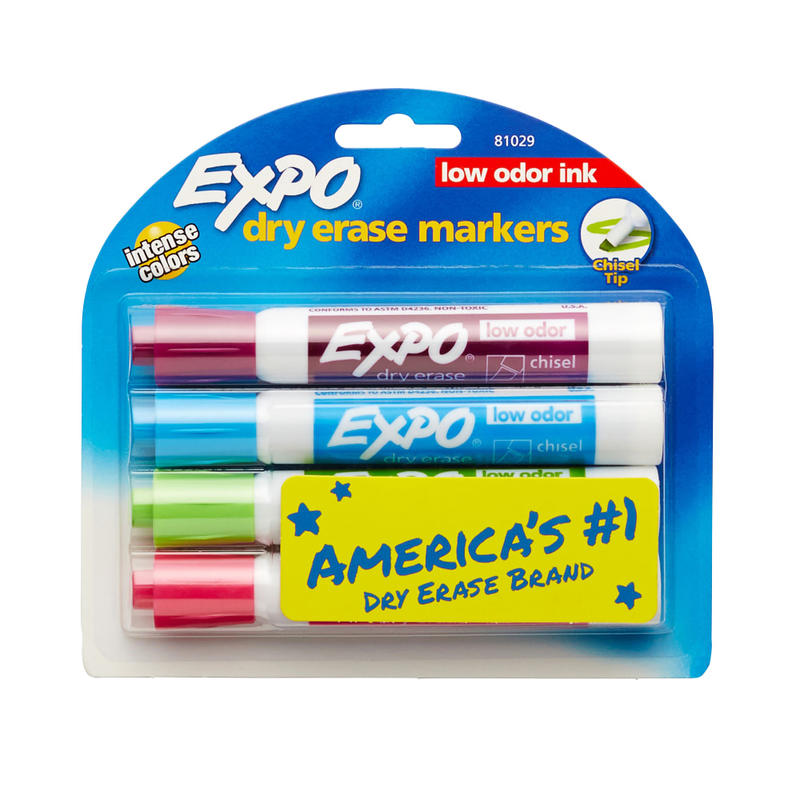 EXPO Low-Odor Dry-Erase Markers, Chisel Point, Assorted Fashion Colors, Pack Of 4 (Min Order Qty 10) MPN:81029