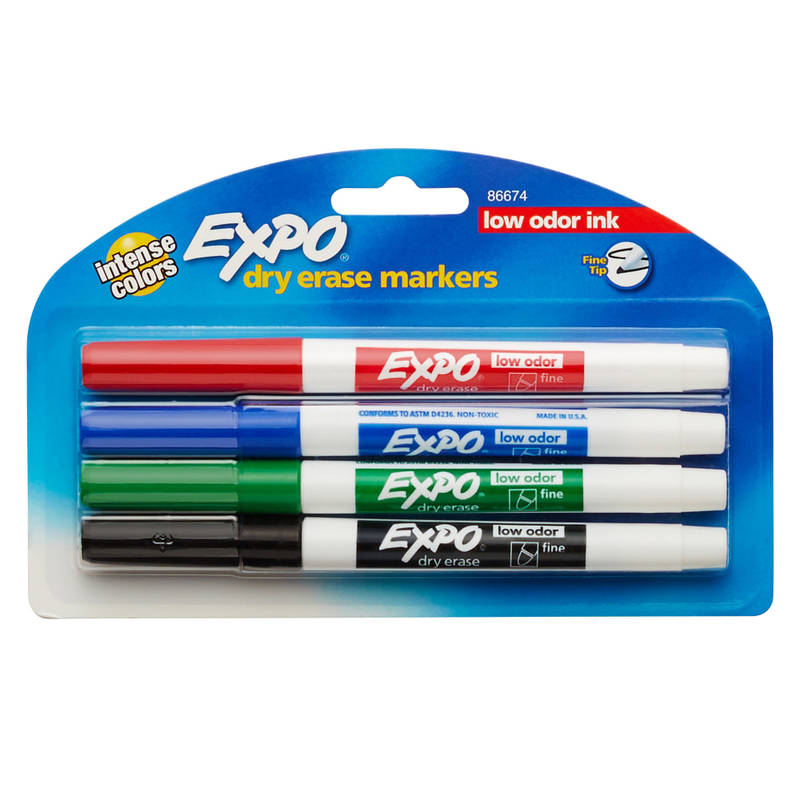 EXPO Low-Odor Dry-Erase Markers, Fine Point, Assorted Colors, Pack Of 4 (Min Order Qty 14) MPN:86674