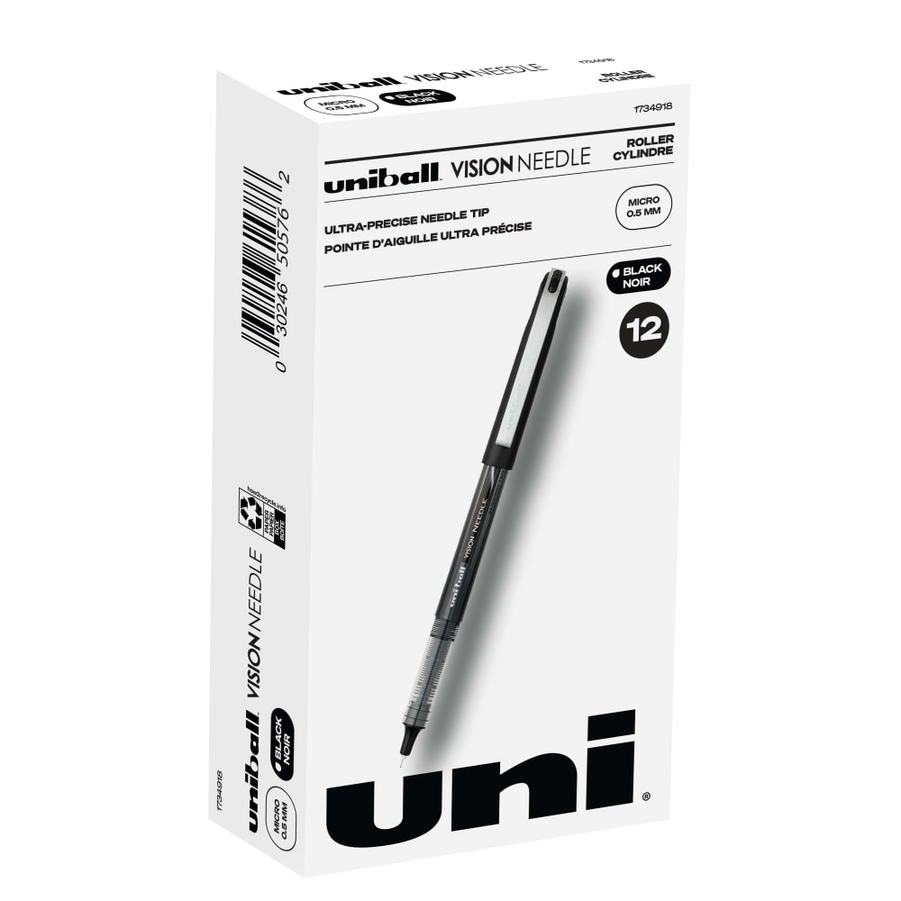 uni-ball Vision Needle Liquid Ink Rollerball Pens, Micro Point, 0.5 mm, Black Barrel, Black Ink, Pack Of 12 (Min Order Qty 3) MPN:1734918