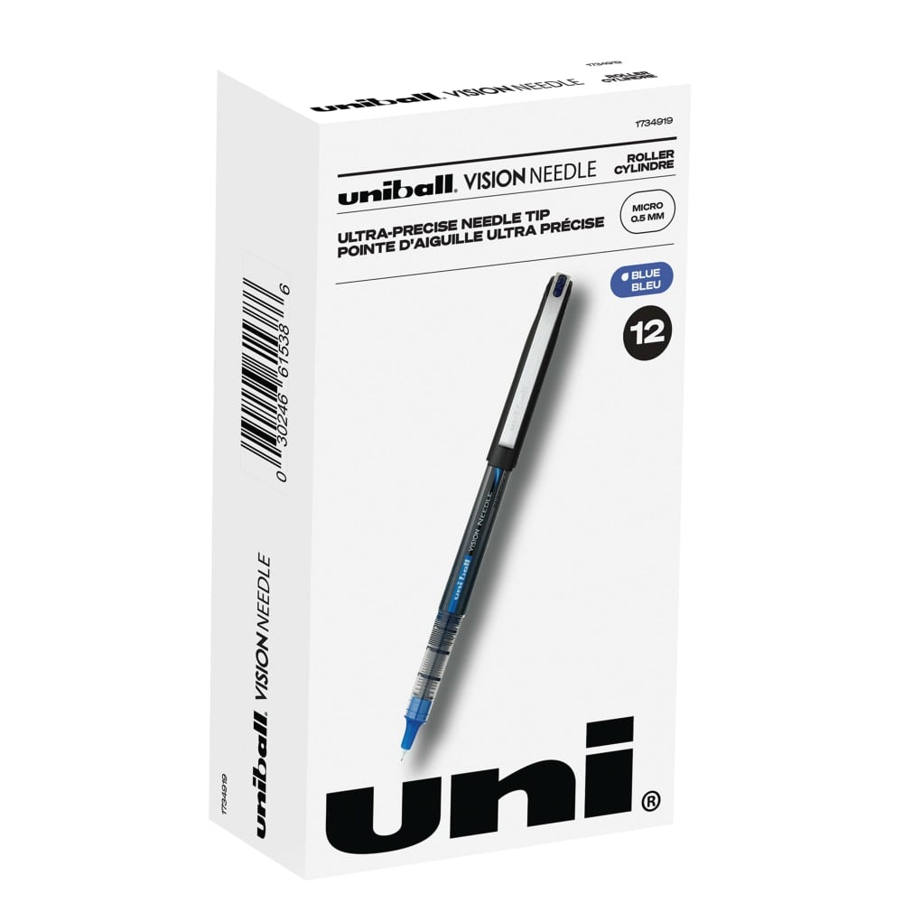 uni-ball Vision Needle Liquid Ink Rollerball Pens, Micro Point, 0.5 mm, Black Barrel, Blue Ink, Pack Of 12 (Min Order Qty 3) MPN:1734919