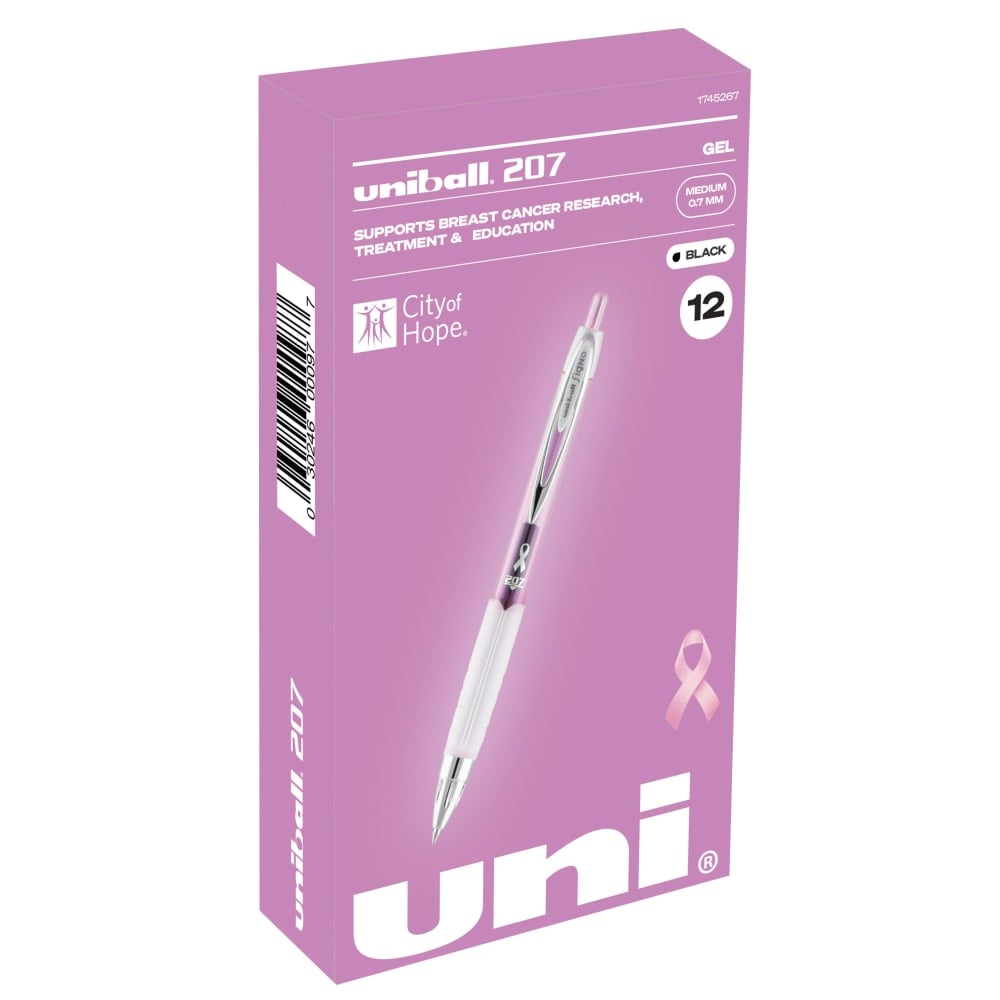 uni-ball 207 Pink Ribbon Retractable Fraud Prevention Gel Pens, Medium Point, 0.7 mm, Pink Barrels, Black Ink, Pack Of 12 (Min Order Qty 4) MPN:1745267