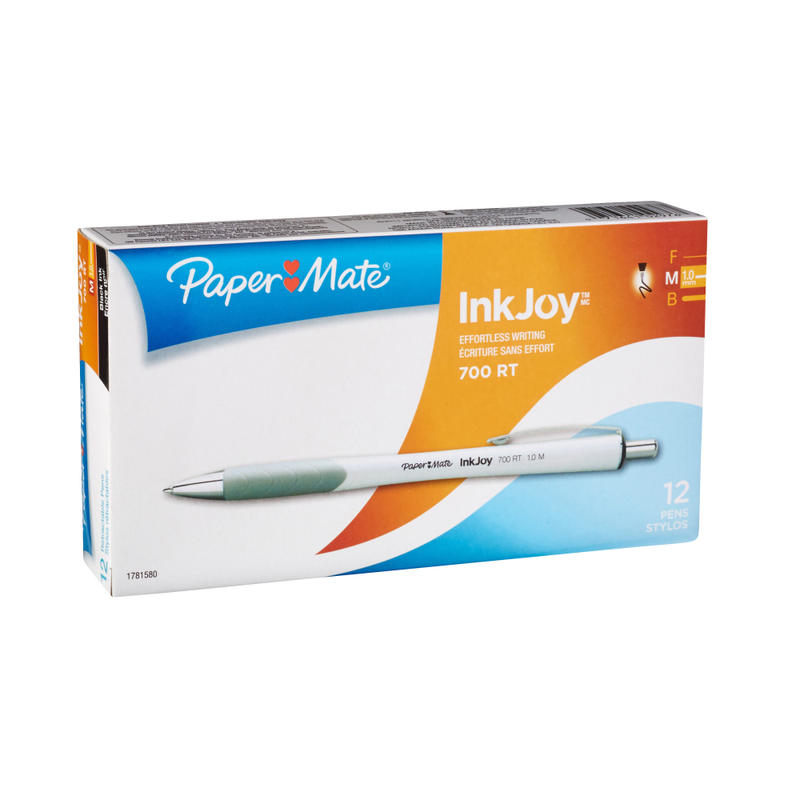 Paper Mate InkJoy 700RT Retractable Ballpoint Pens, Medium Point, 1.0 mm, White Barrels, Black Ink, Pack Of 12 (Min Order Qty 4) MPN:1781580