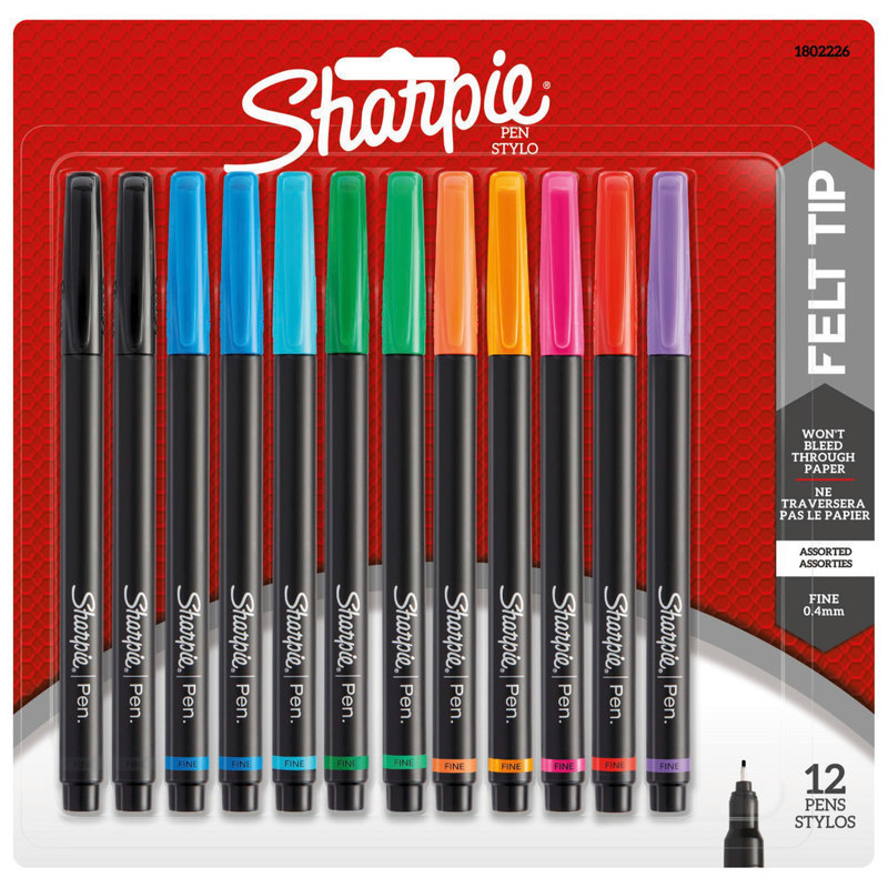 Sharpie Pens, Fine Point, 0.4 mm, Black Barrels, Assorted Ink Colors, Pack Of 12 (Min Order Qty 4) MPN:1802226