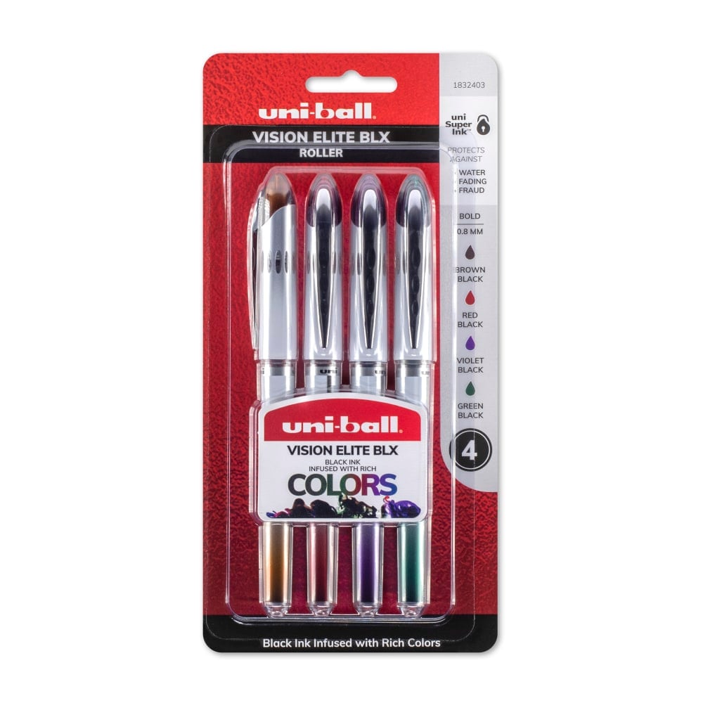 uni-ball Vision Elite Liquid Ink Rollerball Pens, Bold Point, 0.8 mm, White Barrels, Assorted Ink Colors, Pack Of 4 (Min Order Qty 6) MPN:1832403