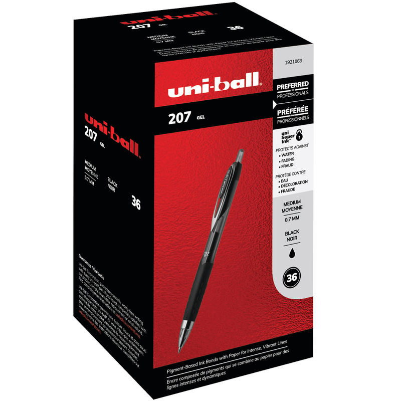 uni-ball 207 Retractable Fraud Prevention Gel Pens, Medium Point, 0.7 mm, Black Barrel, Black Ink, Pack Of 36 (Min Order Qty 2) MPN:1921063