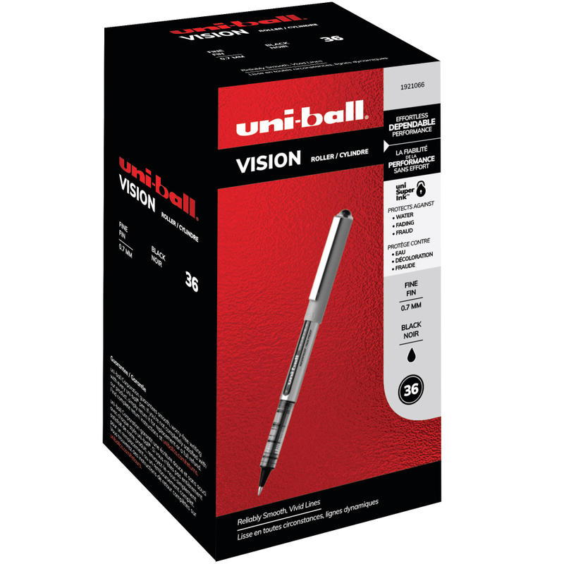 uni-ball Vision Rollerball Pens, Fine Point, 0.7 mm, Gray Barrel, Black Ink, Pack Of 36 MPN:1921066