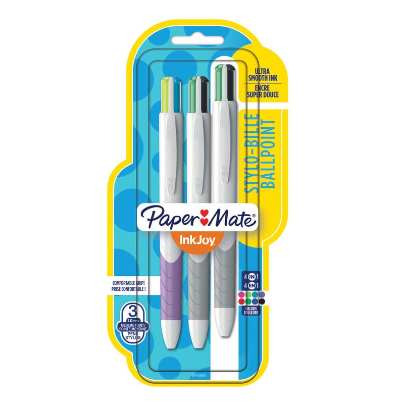 Paper Mate InkJoy Quatro Retractable Ballpoint Pens, Medium Point, 1.0 mm, White Barrels, Assorted Ink Colors, Pack Of 3 (Min Order Qty 12) MPN:1945905