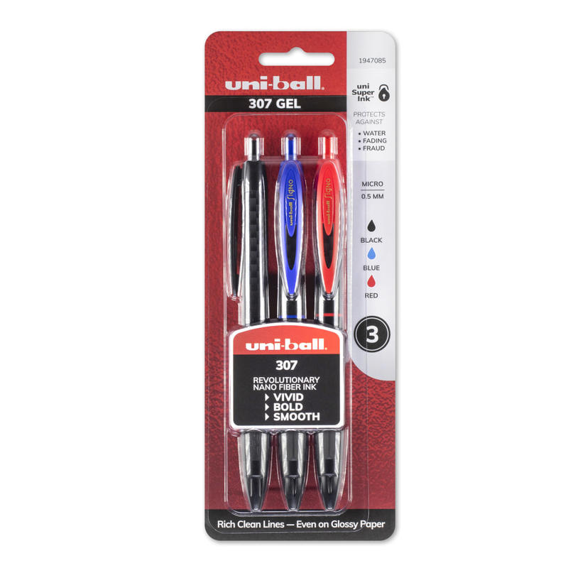 uni-ball 307 Retractable Gel Pens, Microtip Point, 0.5 mm, Black Barrel, Assorted Ink Colors, Pack Of 3 (Min Order Qty 12) MPN:1947085