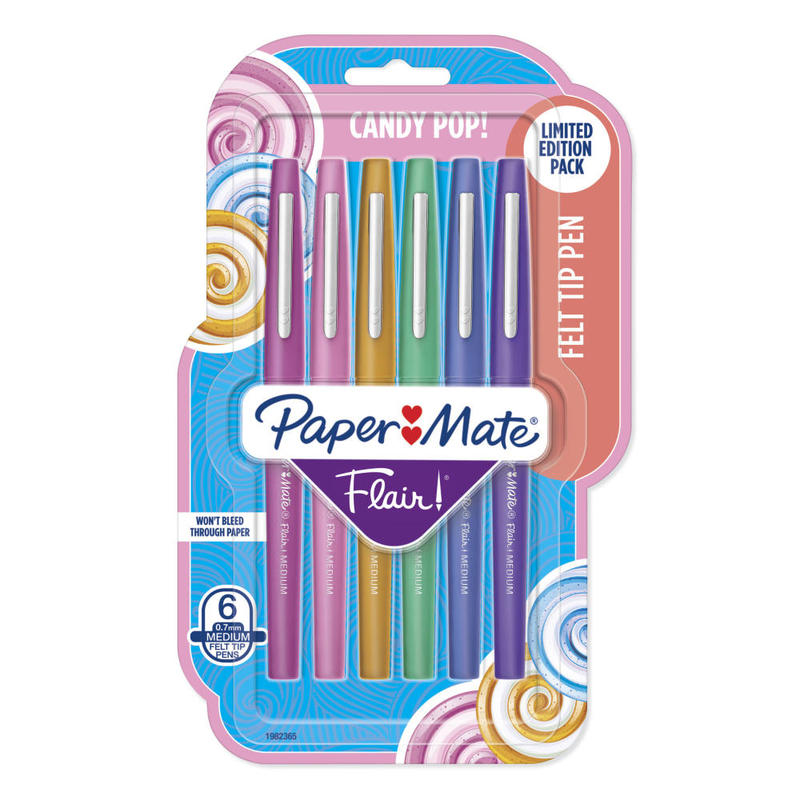 Paper Mate Flair Candy Pop Felt-Tip Markers, 0.7 mm, Medium Point, Assorted Colors, Pack Of 6 (Min Order Qty 6) MPN:1982365