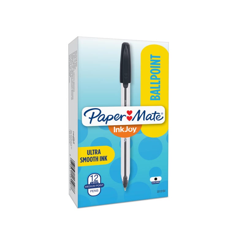 Paper Mate InkJoy 50ST Ballpoint Pens, Medium Point, 1.0 mm , Translucent Barrel, Black Ink, Pack Of 12 Pens (Min Order Qty 55) MPN:2013154