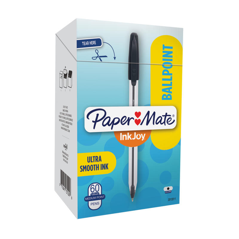 Paper Mate InkJoy 50ST Stick Ballpoint Pens, Medium Point, 1.0 mm, Clear Barrels, Black Ink, Box of 60 (Min Order Qty 14) MPN:2013311